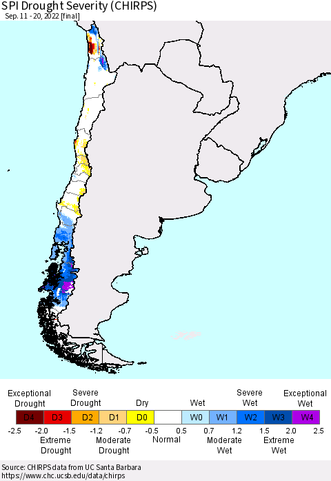 Chile SPI Drought Severity (CHIRPS) Thematic Map For 9/11/2022 - 9/20/2022