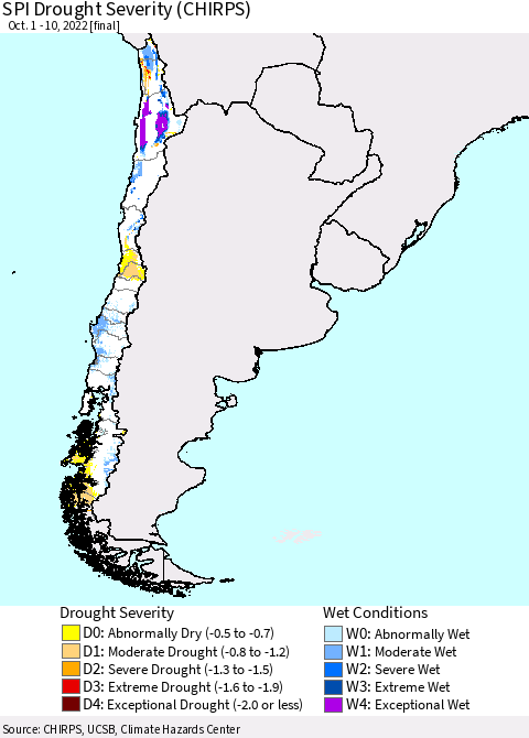Chile SPI Drought Severity (CHIRPS) Thematic Map For 10/1/2022 - 10/10/2022