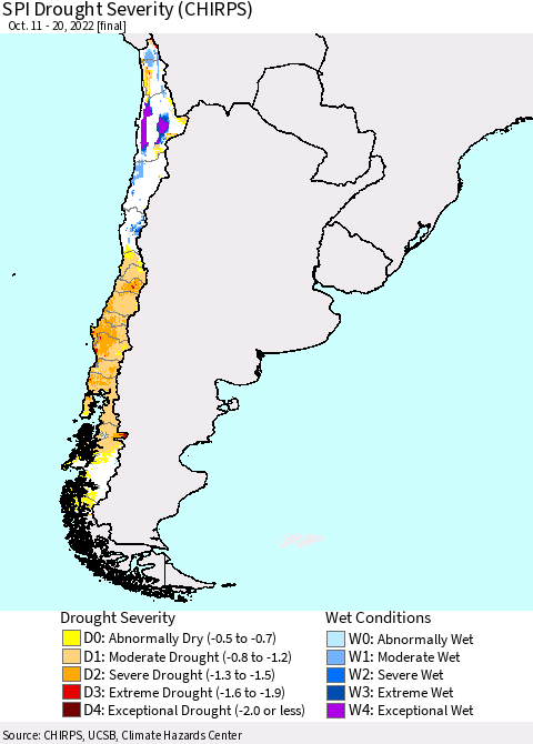 Chile SPI Drought Severity (CHIRPS) Thematic Map For 10/11/2022 - 10/20/2022