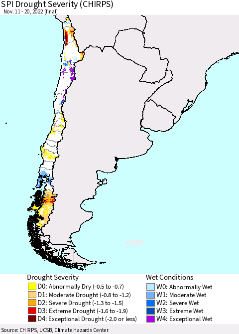 Chile SPI Drought Severity (CHIRPS) Thematic Map For 11/11/2022 - 11/20/2022