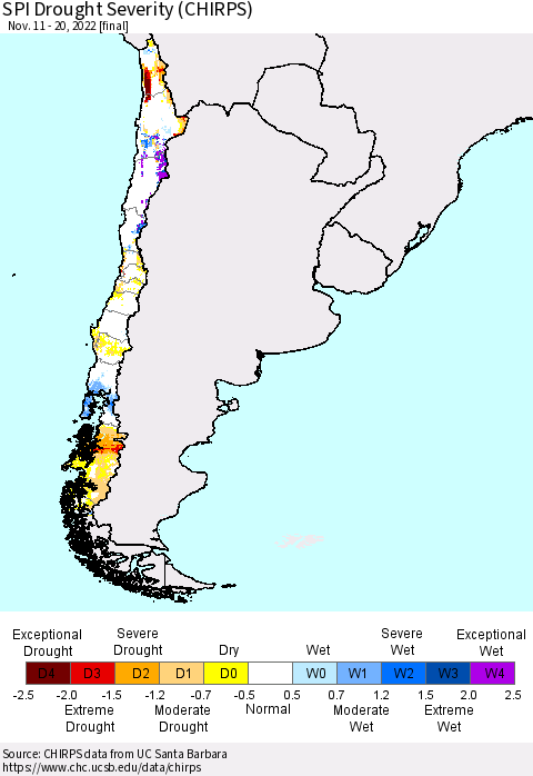 Chile SPI Drought Severity (CHIRPS) Thematic Map For 11/11/2022 - 11/20/2022
