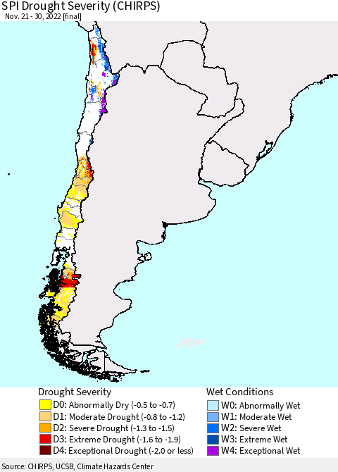 Chile SPI Drought Severity (CHIRPS) Thematic Map For 11/21/2022 - 11/30/2022