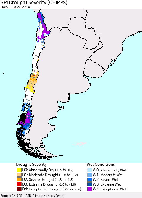 Chile SPI Drought Severity (CHIRPS) Thematic Map For 12/1/2022 - 12/10/2022