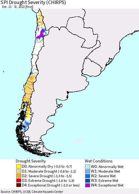 Chile SPI Drought Severity (CHIRPS) Thematic Map For 12/21/2022 - 12/31/2022