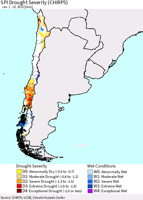 Chile SPI Drought Severity (CHIRPS) Thematic Map For 1/1/2023 - 1/10/2023