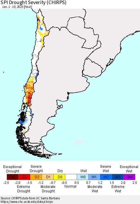 Chile SPI Drought Severity (CHIRPS) Thematic Map For 1/1/2023 - 1/10/2023