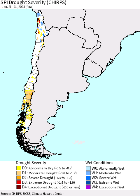 Chile SPI Drought Severity (CHIRPS) Thematic Map For 1/21/2023 - 1/31/2023
