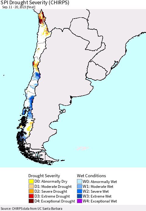 Chile SPI Drought Severity (CHIRPS) Thematic Map For 9/11/2023 - 9/20/2023