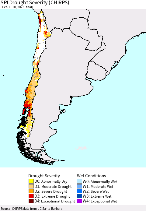 Chile SPI Drought Severity (CHIRPS) Thematic Map For 10/1/2023 - 10/10/2023