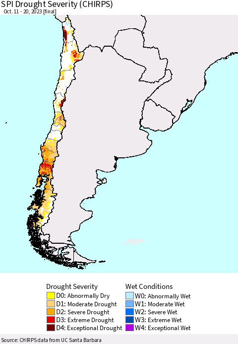 Chile SPI Drought Severity (CHIRPS) Thematic Map For 10/11/2023 - 10/20/2023