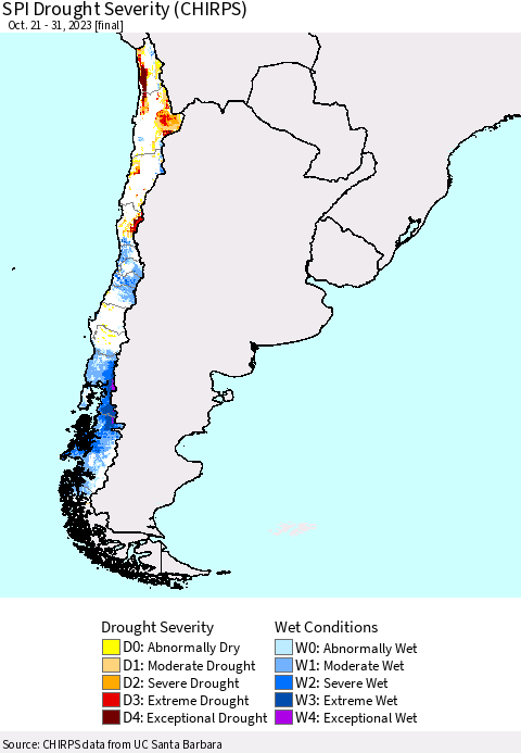 Chile SPI Drought Severity (CHIRPS) Thematic Map For 10/21/2023 - 10/31/2023