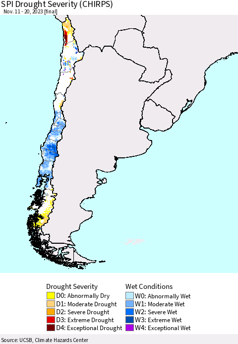 Chile SPI Drought Severity (CHIRPS) Thematic Map For 11/11/2023 - 11/20/2023