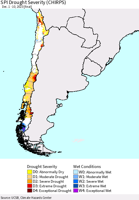 Chile SPI Drought Severity (CHIRPS) Thematic Map For 12/1/2023 - 12/10/2023