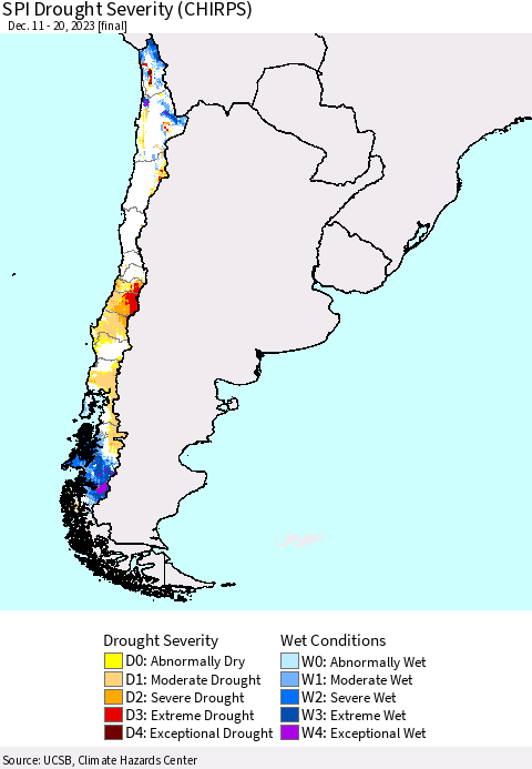Chile SPI Drought Severity (CHIRPS) Thematic Map For 12/11/2023 - 12/20/2023