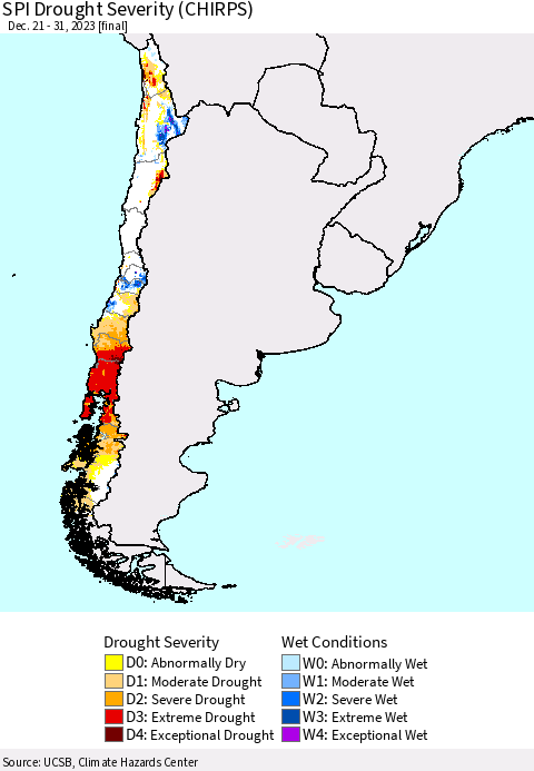 Chile SPI Drought Severity (CHIRPS) Thematic Map For 12/21/2023 - 12/31/2023