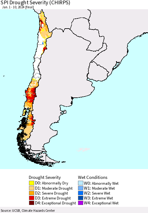 Chile SPI Drought Severity (CHIRPS) Thematic Map For 1/1/2024 - 1/10/2024