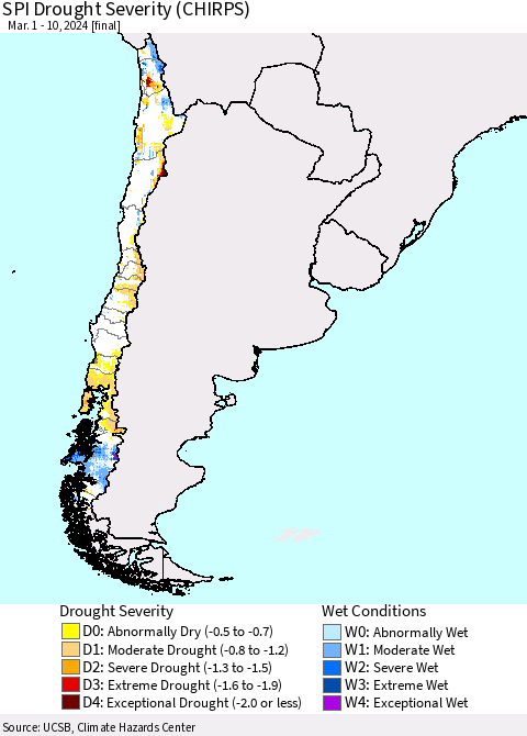 Chile SPI Drought Severity (CHIRPS) Thematic Map For 3/1/2024 - 3/10/2024