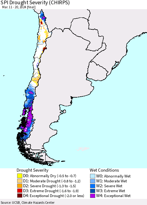 Chile SPI Drought Severity (CHIRPS) Thematic Map For 3/11/2024 - 3/20/2024