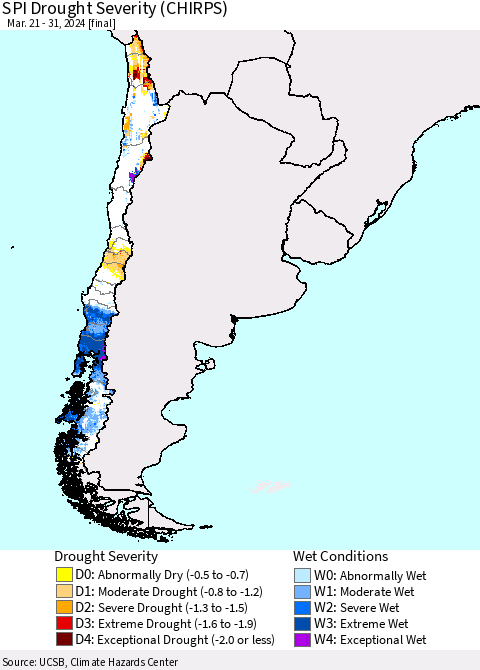 Chile SPI Drought Severity (CHIRPS) Thematic Map For 3/21/2024 - 3/31/2024