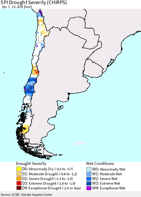 Chile SPI Drought Severity (CHIRPS) Thematic Map For 4/1/2024 - 4/10/2024
