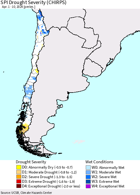 Chile SPI Drought Severity (CHIRPS) Thematic Map For 4/1/2024 - 4/10/2024