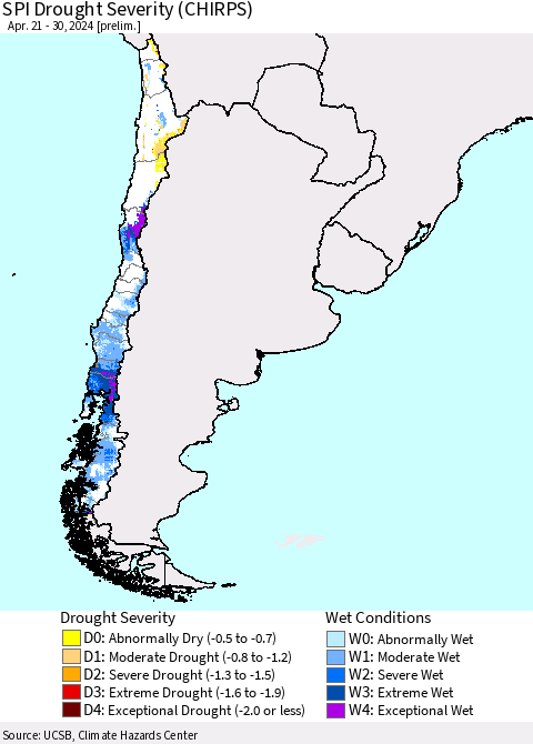 Chile SPI Drought Severity (CHIRPS) Thematic Map For 4/21/2024 - 4/30/2024