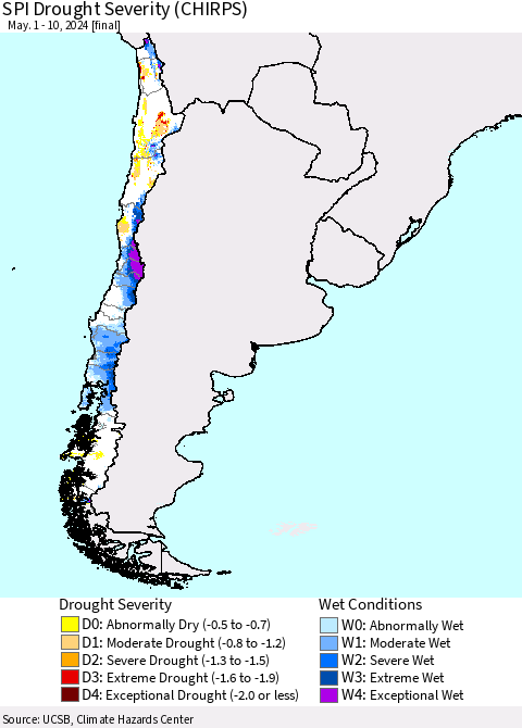 Chile SPI Drought Severity (CHIRPS) Thematic Map For 5/1/2024 - 5/10/2024