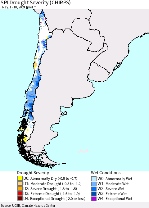 Chile SPI Drought Severity (CHIRPS) Thematic Map For 5/1/2024 - 5/10/2024