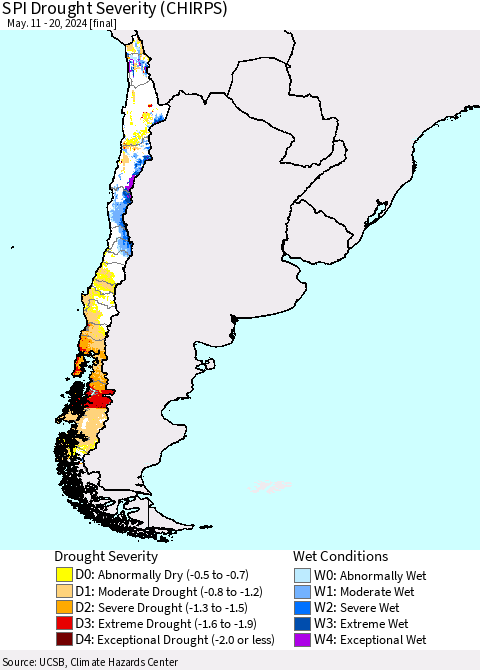 Chile SPI Drought Severity (CHIRPS) Thematic Map For 5/11/2024 - 5/20/2024
