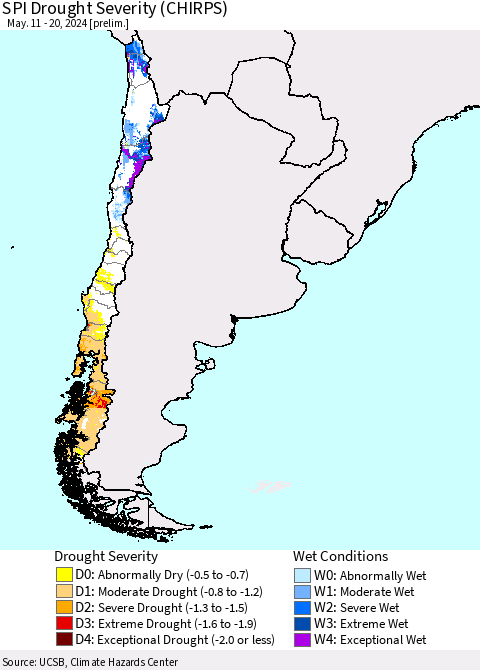 Chile SPI Drought Severity (CHIRPS) Thematic Map For 5/11/2024 - 5/20/2024