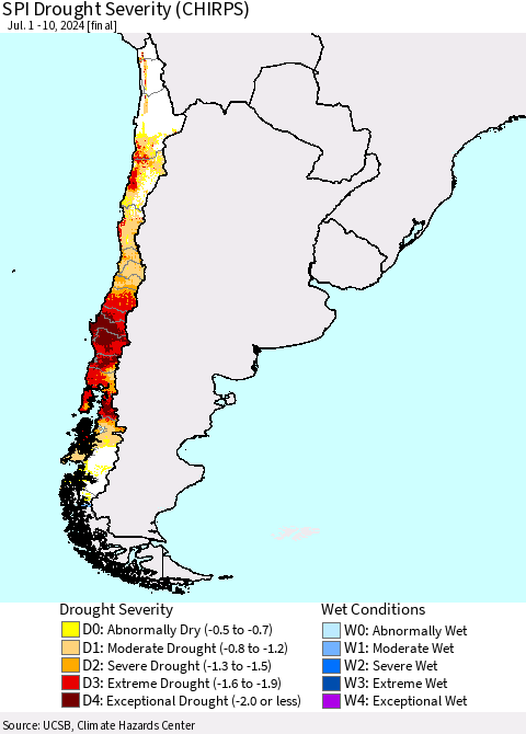 Chile SPI Drought Severity (CHIRPS) Thematic Map For 7/1/2024 - 7/10/2024