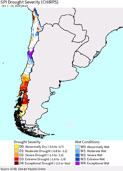 Chile SPI Drought Severity (CHIRPS) Thematic Map For 10/1/2024 - 10/10/2024