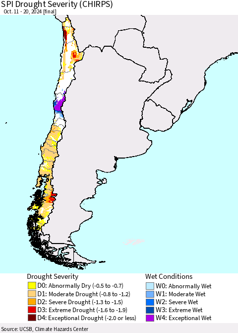 Chile SPI Drought Severity (CHIRPS) Thematic Map For 10/11/2024 - 10/20/2024