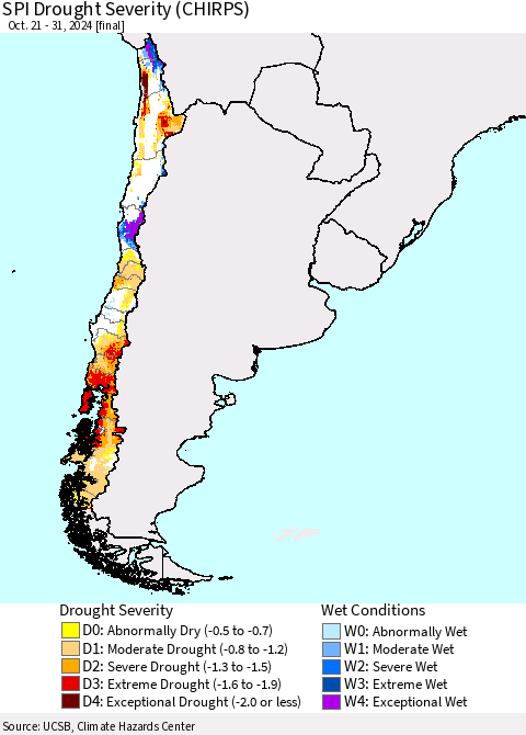 Chile SPI Drought Severity (CHIRPS) Thematic Map For 10/21/2024 - 10/31/2024