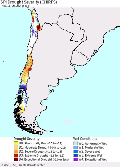Chile SPI Drought Severity (CHIRPS) Thematic Map For 11/11/2024 - 11/20/2024