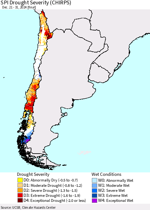 Chile SPI Drought Severity (CHIRPS) Thematic Map For 12/21/2024 - 12/31/2024