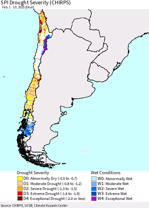 Chile SPI Drought Severity (CHIRPS) Thematic Map For 2/1/2025 - 2/10/2025