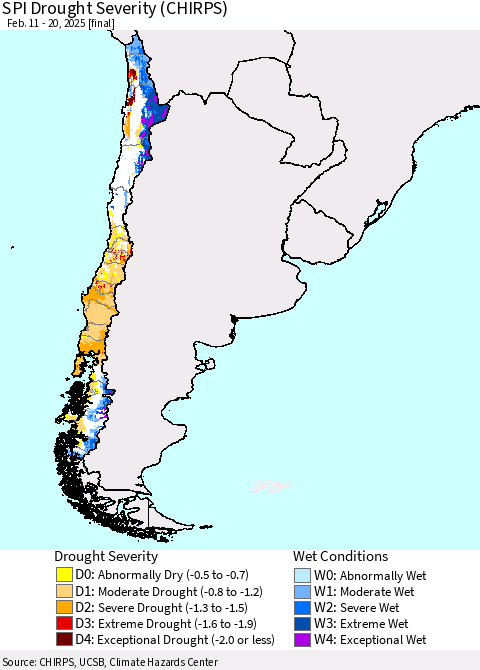 Chile SPI Drought Severity (CHIRPS) Thematic Map For 2/11/2025 - 2/20/2025
