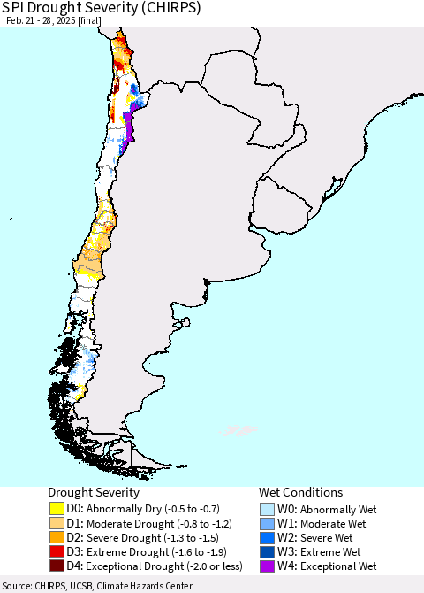 Chile SPI Drought Severity (CHIRPS) Thematic Map For 2/21/2025 - 2/28/2025