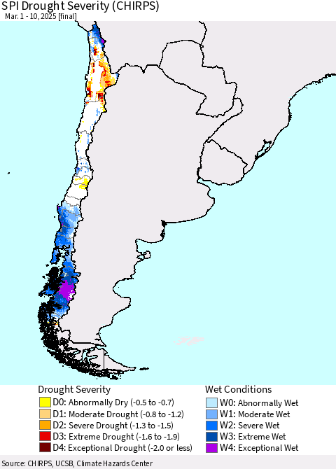 Chile SPI Drought Severity (CHIRPS) Thematic Map For 3/1/2025 - 3/10/2025