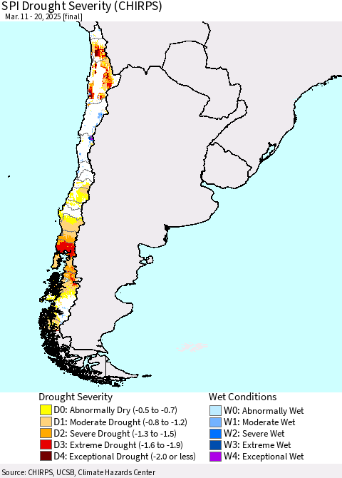 Chile SPI Drought Severity (CHIRPS) Thematic Map For 3/11/2025 - 3/20/2025