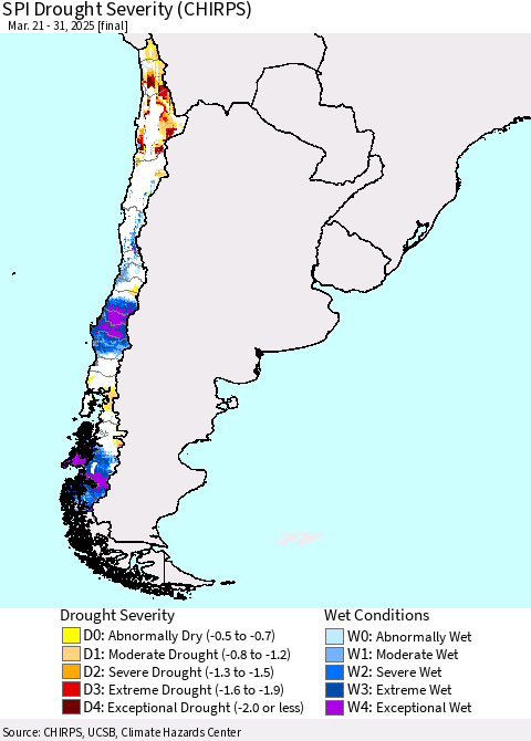 Chile SPI Drought Severity (CHIRPS) Thematic Map For 3/21/2025 - 3/31/2025