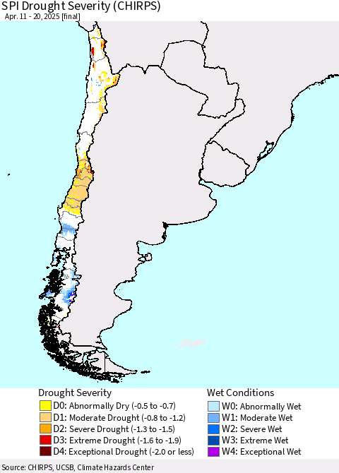 Chile SPI Drought Severity (CHIRPS) Thematic Map For 4/11/2025 - 4/20/2025