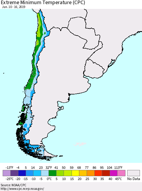 Chile Extreme Minimum Temperature (CPC) Thematic Map For 6/10/2019 - 6/16/2019