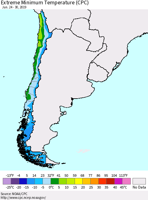 Chile Extreme Minimum Temperature (CPC) Thematic Map For 6/24/2019 - 6/30/2019