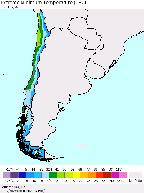 Chile Extreme Minimum Temperature (CPC) Thematic Map For 7/1/2019 - 7/7/2019