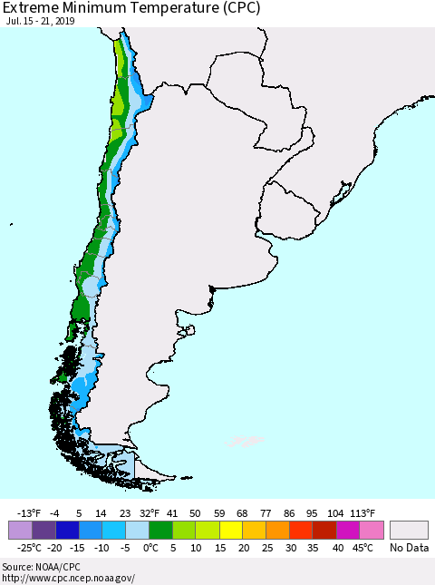Chile Extreme Minimum Temperature (CPC) Thematic Map For 7/15/2019 - 7/21/2019