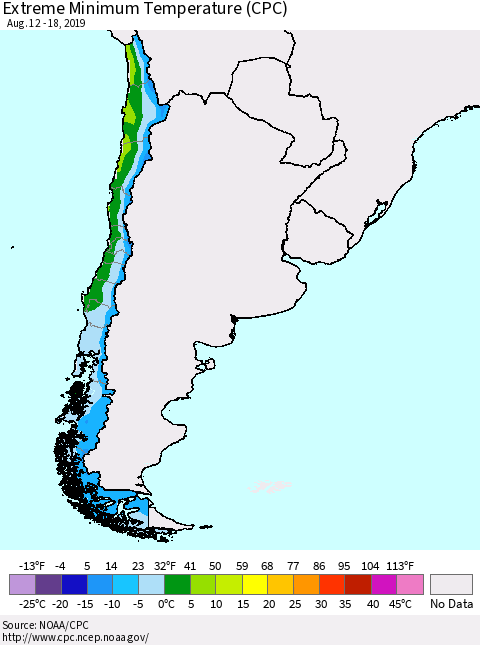 Chile Extreme Minimum Temperature (CPC) Thematic Map For 8/12/2019 - 8/18/2019