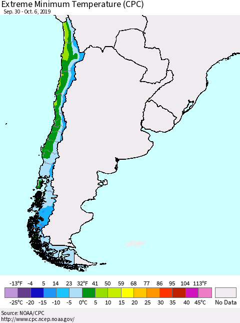 Chile Extreme Minimum Temperature (CPC) Thematic Map For 9/30/2019 - 10/6/2019