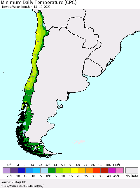 Chile Extreme Minimum Temperature (CPC) Thematic Map For 1/13/2020 - 1/19/2020